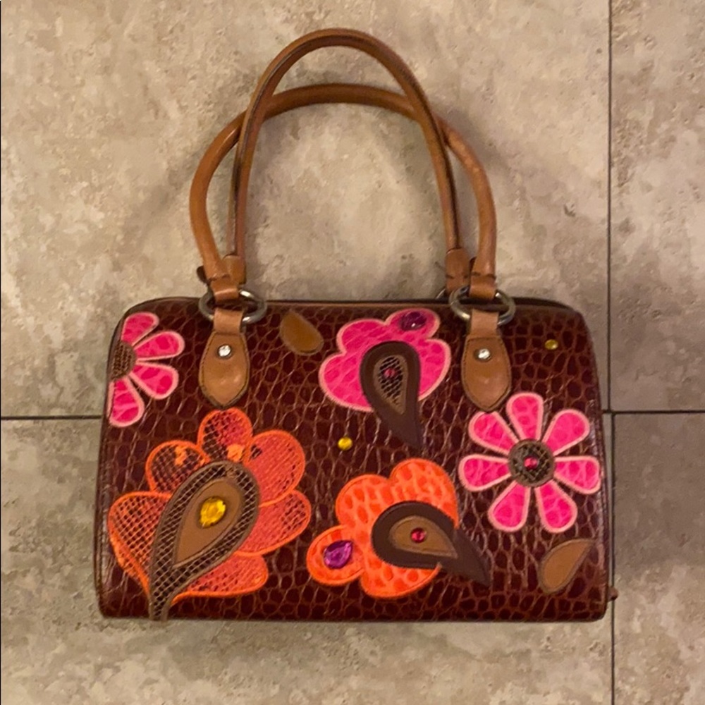Embossed Leather Handbag with Floral Design